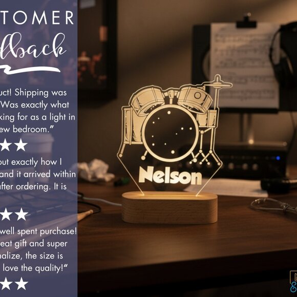 Drum Set Custom Name Light | Personalized LED Decor | Baby & Toddler Gift - Picture 7 of 8